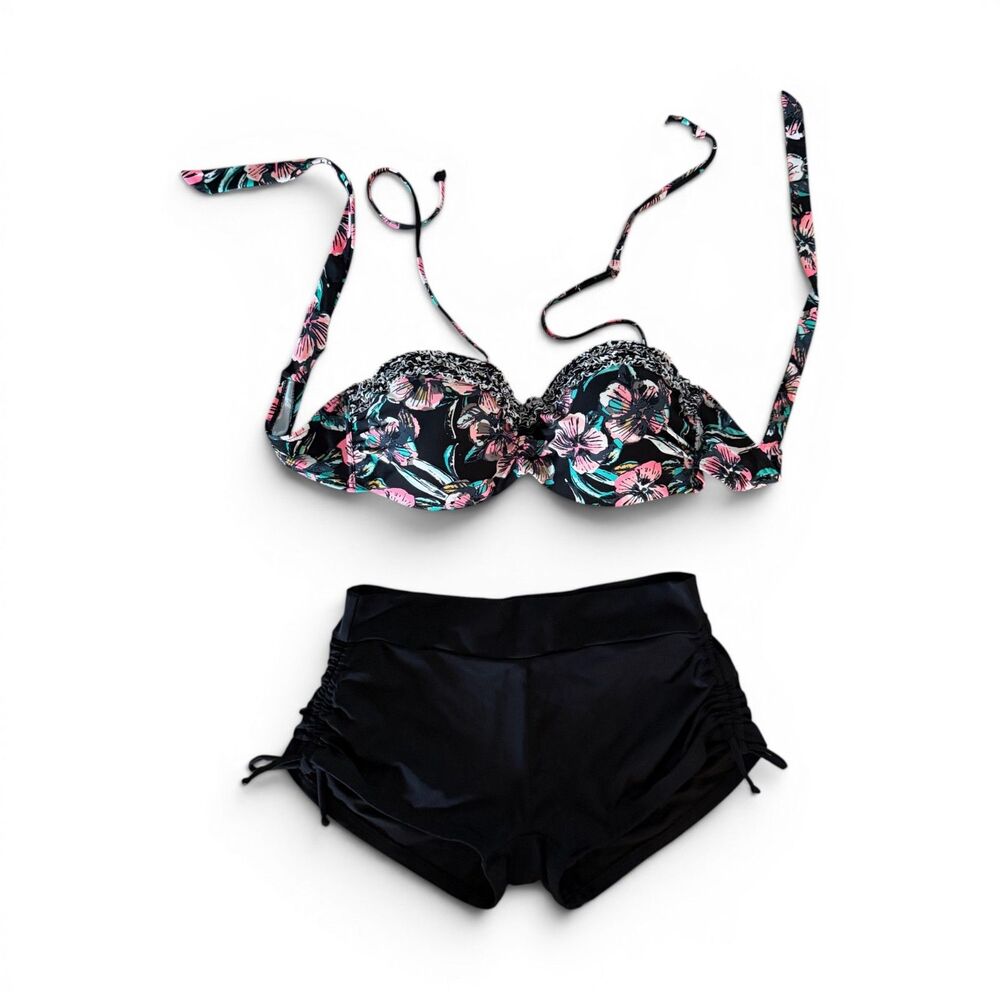 Venus Bikini Set D Cup Top Size 6 Bottom Floral Black BoyShorts Swimwear